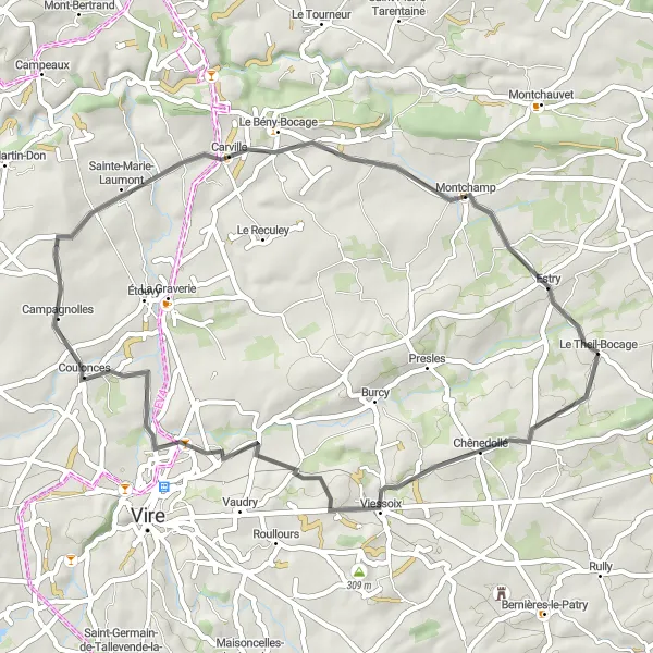 Miniature de la carte de l'inspiration cycliste "Parcours de cyclisme Le Theil-Bocage - Estry" dans la Basse-Normandie, France. Générée par le planificateur d'itinéraire cycliste Tarmacs.app