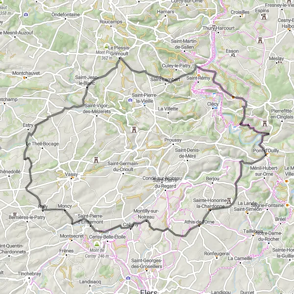 Miniature de la carte de l'inspiration cycliste "Circuit des Pierres" dans la Basse-Normandie, France. Générée par le planificateur d'itinéraire cycliste Tarmacs.app