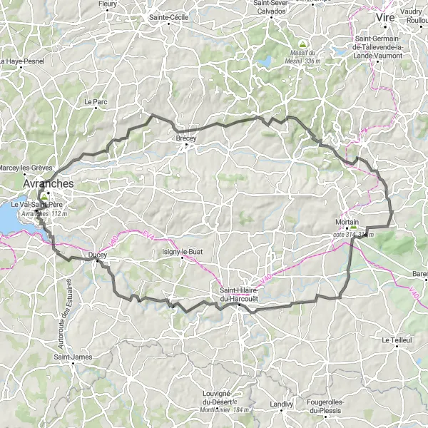 Miniature de la carte de l'inspiration cycliste "Tour de l'Arsenal et Mont d'Eron" dans la Basse-Normandie, France. Générée par le planificateur d'itinéraire cycliste Tarmacs.app
