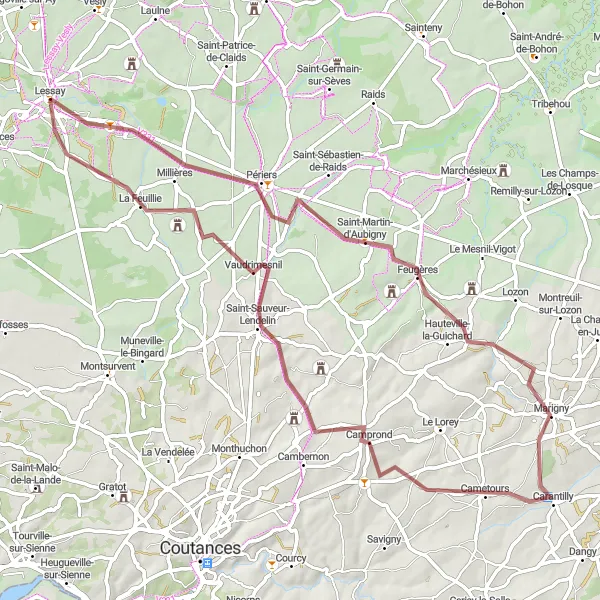 Miniature de la carte de l'inspiration cycliste "Parcours Saint-Martin-d'Aubigny" dans la Basse-Normandie, France. Générée par le planificateur d'itinéraire cycliste Tarmacs.app