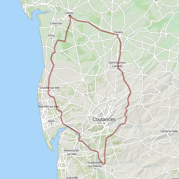 Miniature de la carte de l'inspiration cycliste "Tour Périers et Heugueville-sur-Sienne" dans la Basse-Normandie, France. Générée par le planificateur d'itinéraire cycliste Tarmacs.app