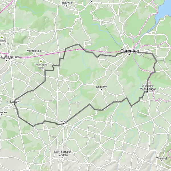 Miniature de la carte de l'inspiration cycliste "Parcours Le Plessis-Lastelle" dans la Basse-Normandie, France. Générée par le planificateur d'itinéraire cycliste Tarmacs.app