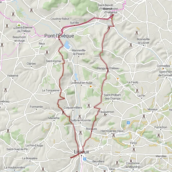 Miniature de la carte de l'inspiration cycliste "Aventure hors des sentiers battus dans le Pays d'Auge" dans la Basse-Normandie, France. Générée par le planificateur d'itinéraire cycliste Tarmacs.app