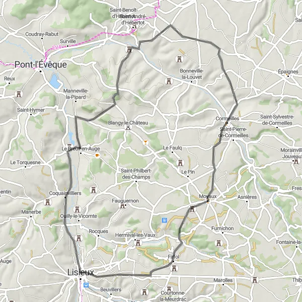 Miniature de la carte de l'inspiration cycliste "Les Vallons du Pays d'Auge" dans la Basse-Normandie, France. Générée par le planificateur d'itinéraire cycliste Tarmacs.app