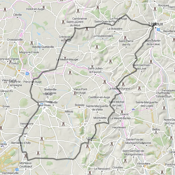 Map miniature of "Road Adventure" cycling inspiration in Basse-Normandie, France. Generated by Tarmacs.app cycling route planner