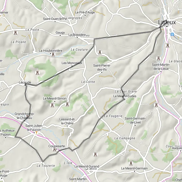Miniature de la carte de l'inspiration cycliste "Les collines de l'arrière-pays de Lisieux" dans la Basse-Normandie, France. Générée par le planificateur d'itinéraire cycliste Tarmacs.app
