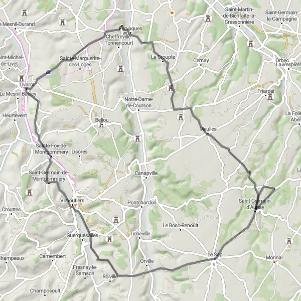 Map miniature of "Livarot Loop" cycling inspiration in Basse-Normandie, France. Generated by Tarmacs.app cycling route planner