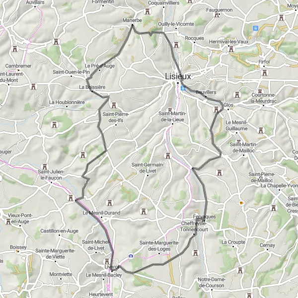 Map miniature of "Manoir des Pavements Loop" cycling inspiration in Basse-Normandie, France. Generated by Tarmacs.app cycling route planner