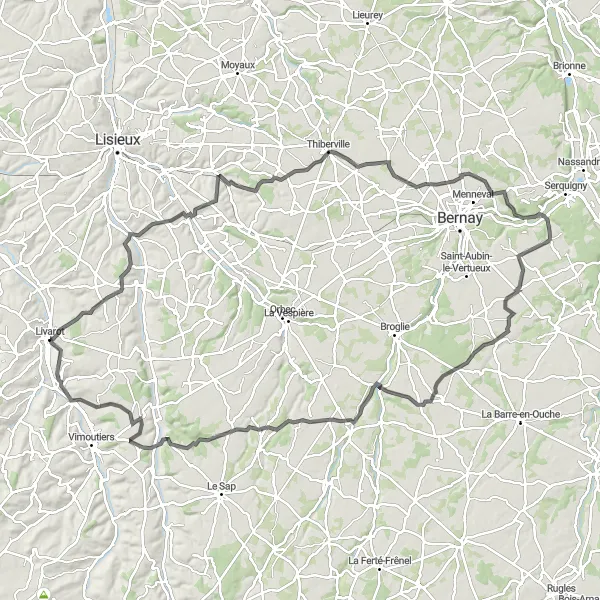 Miniature de la carte de l'inspiration cycliste "La Route des Vallées Normandes" dans la Basse-Normandie, France. Générée par le planificateur d'itinéraire cycliste Tarmacs.app