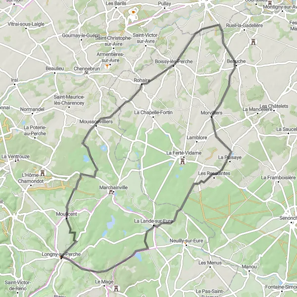 Map miniature of "The Idyllic Hamlets of Le Perche" cycling inspiration in Basse-Normandie, France. Generated by Tarmacs.app cycling route planner