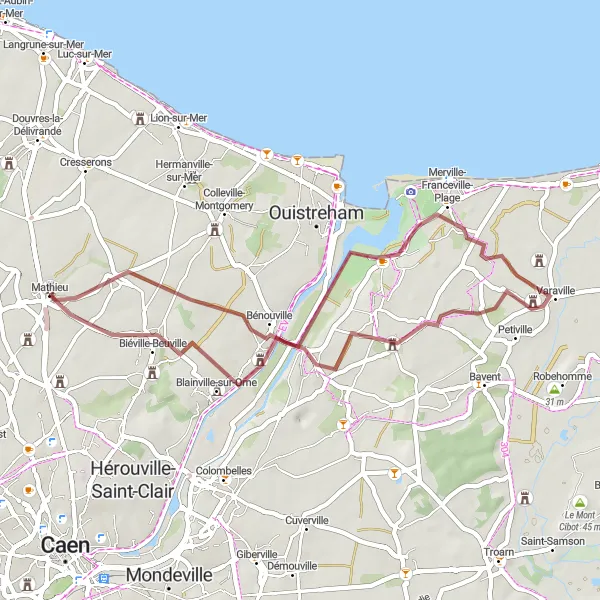 Miniature de la carte de l'inspiration cycliste "Parcours Gravel autour de Mathieu" dans la Basse-Normandie, France. Générée par le planificateur d'itinéraire cycliste Tarmacs.app