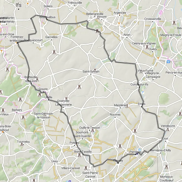 Map miniature of "Bourguébus Loop" cycling inspiration in Basse-Normandie, France. Generated by Tarmacs.app cycling route planner