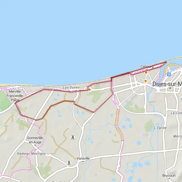 Map miniature of "Merville-Franceville-Plage Gravel Loop" cycling inspiration in Basse-Normandie, France. Generated by Tarmacs.app cycling route planner