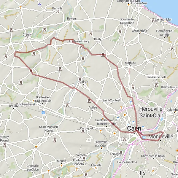 Miniature de la carte de l'inspiration cycliste "Tour autour de Mondeville" dans la Basse-Normandie, France. Générée par le planificateur d'itinéraire cycliste Tarmacs.app