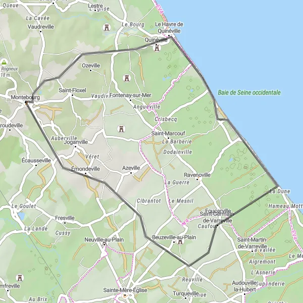 Miniature de la carte de l'inspiration cycliste "Quinéville Loop from Montebourg" dans la Basse-Normandie, France. Générée par le planificateur d'itinéraire cycliste Tarmacs.app