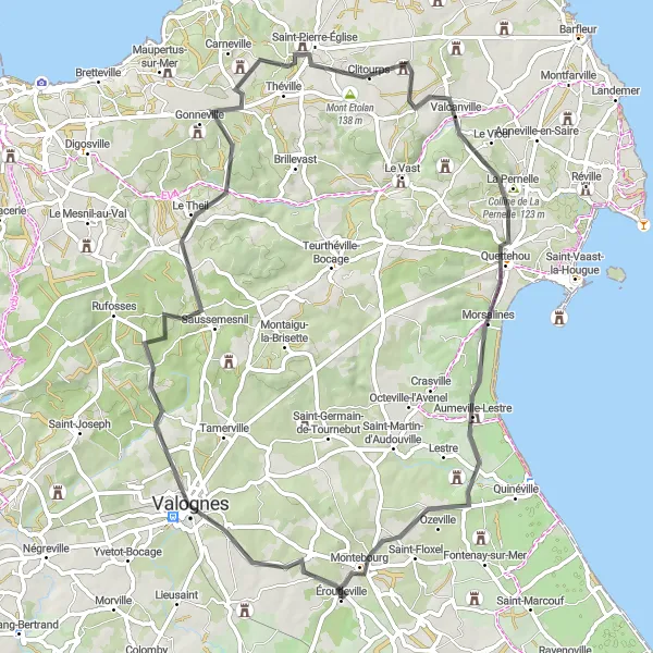Miniature de la carte de l'inspiration cycliste "La campagne normande" dans la Basse-Normandie, France. Générée par le planificateur d'itinéraire cycliste Tarmacs.app