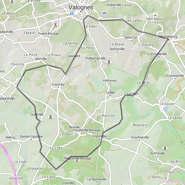 Miniature de la carte de l'inspiration cycliste "Montebourg to Mont Castre via Mont aux Cats" dans la Basse-Normandie, France. Générée par le planificateur d'itinéraire cycliste Tarmacs.app