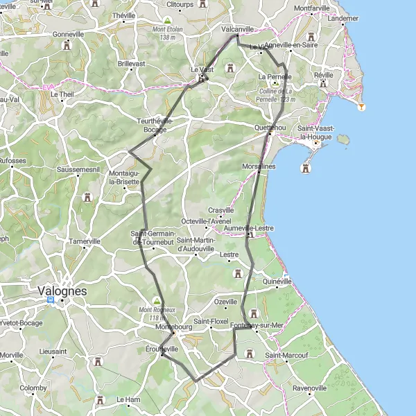 Miniature de la carte de l'inspiration cycliste "Circuit du Mont Rogneux" dans la Basse-Normandie, France. Générée par le planificateur d'itinéraire cycliste Tarmacs.app