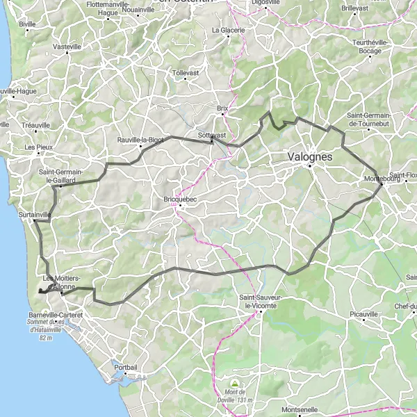 Miniature de la carte de l'inspiration cycliste "Tour de la Table d'orientation" dans la Basse-Normandie, France. Générée par le planificateur d'itinéraire cycliste Tarmacs.app