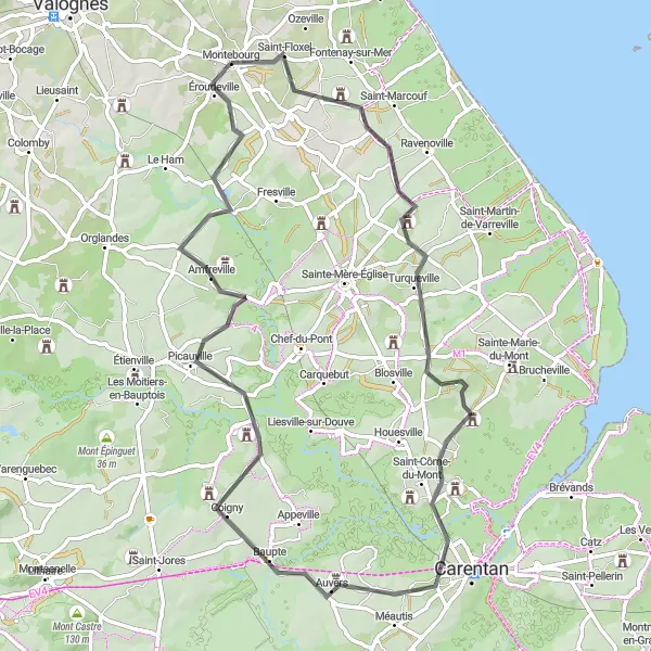 Miniature de la carte de l'inspiration cycliste "Les chemins de Beuzeville-la-Bastille" dans la Basse-Normandie, France. Générée par le planificateur d'itinéraire cycliste Tarmacs.app