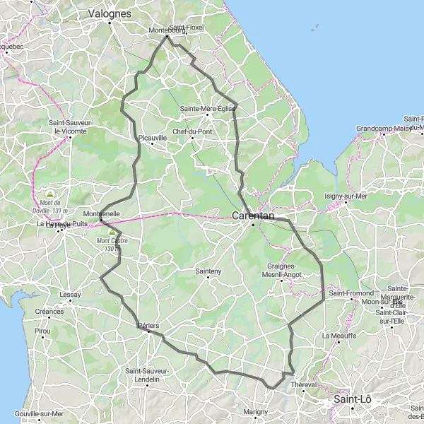 Miniature de la carte de l'inspiration cycliste "Les collines de Mont Castre" dans la Basse-Normandie, France. Générée par le planificateur d'itinéraire cycliste Tarmacs.app