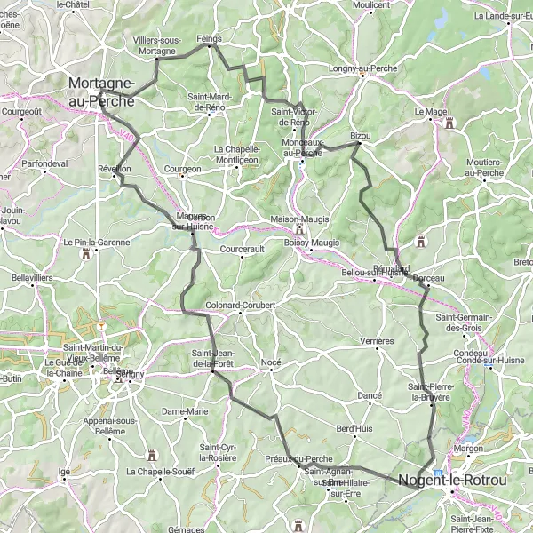 Miniature de la carte de l'inspiration cycliste "Les Vallées du Perche" dans la Basse-Normandie, France. Générée par le planificateur d'itinéraire cycliste Tarmacs.app
