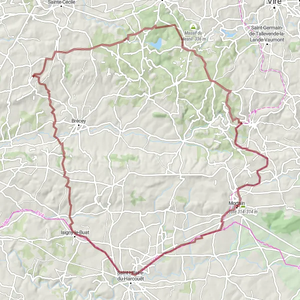 Miniature de la carte de l'inspiration cycliste "Aventure Gravel à Notre-Dame-de-Livoye" dans la Basse-Normandie, France. Générée par le planificateur d'itinéraire cycliste Tarmacs.app