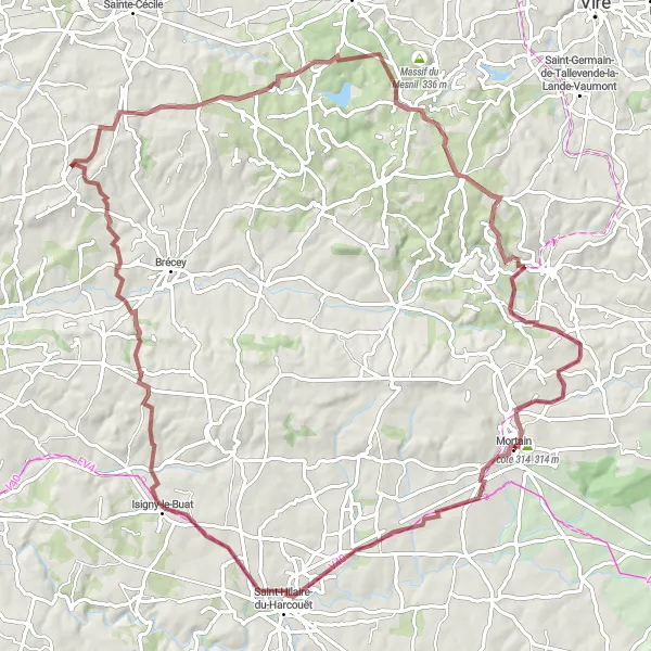 Map miniature of "Mortain Gravel Adventure" cycling inspiration in Basse-Normandie, France. Generated by Tarmacs.app cycling route planner