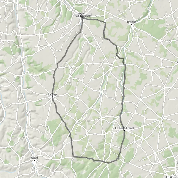 Map miniature of "Orbec - Saint-Pierre-de-Cernières Loop" cycling inspiration in Basse-Normandie, France. Generated by Tarmacs.app cycling route planner