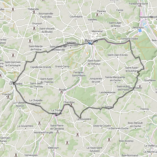 Map miniature of "The Fontaine-l'Abbé Loop" cycling inspiration in Basse-Normandie, France. Generated by Tarmacs.app cycling route planner