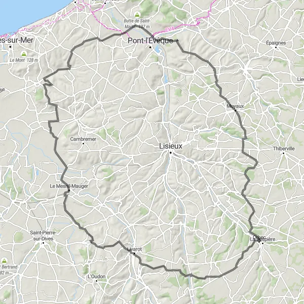 Miniature de la carte de l'inspiration cycliste "Le Charmant Paysage du Pays d'Auge" dans la Basse-Normandie, France. Générée par le planificateur d'itinéraire cycliste Tarmacs.app