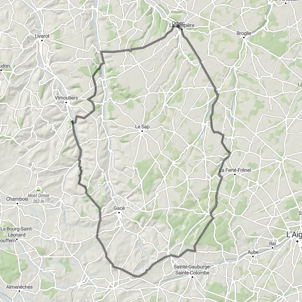 Map miniature of "Orbec - Les Moutiers-Hubert Loop" cycling inspiration in Basse-Normandie, France. Generated by Tarmacs.app cycling route planner