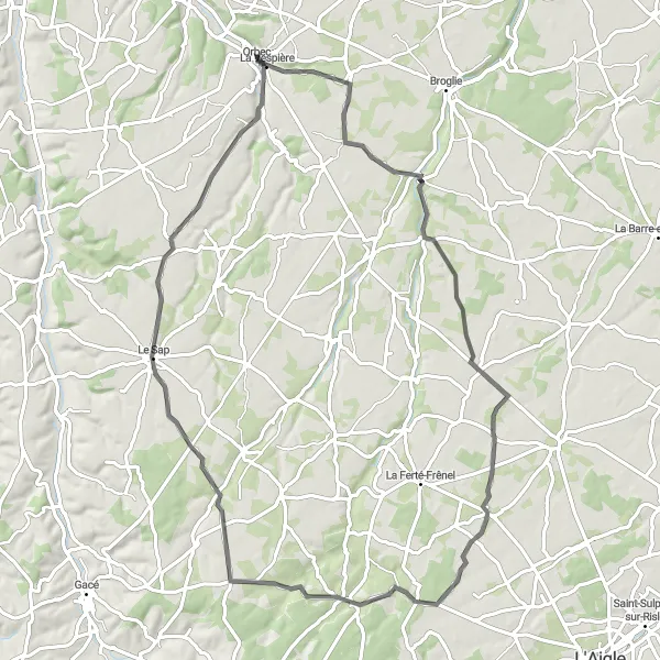 Miniature de la carte de l'inspiration cycliste "Escapade Champêtre à Saint-Pierre-de-Cernières" dans la Basse-Normandie, France. Générée par le planificateur d'itinéraire cycliste Tarmacs.app