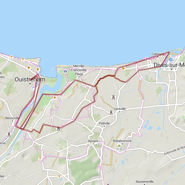 Map miniature of "The Gravel Adventure: Ouistreham to Ranville" cycling inspiration in Basse-Normandie, France. Generated by Tarmacs.app cycling route planner