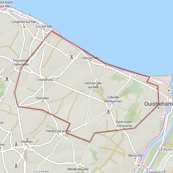 Map miniature of "Coastal Delight: Saint-Aubin-d'Arquenay to Ouistreham" cycling inspiration in Basse-Normandie, France. Generated by Tarmacs.app cycling route planner