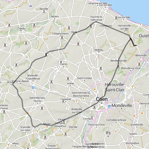 Miniature de la carte de l'inspiration cycliste "Excursion champêtre à Colleville-Montgomery" dans la Basse-Normandie, France. Générée par le planificateur d'itinéraire cycliste Tarmacs.app