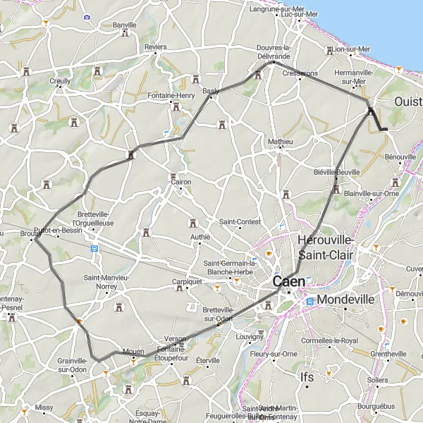 Map miniature of "Bieville-Beuville and Beyond" cycling inspiration in Basse-Normandie, France. Generated by Tarmacs.app cycling route planner