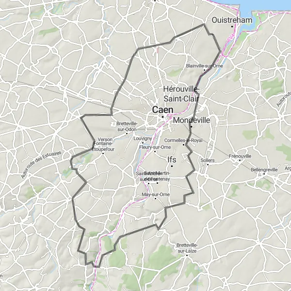 Miniature de la carte de l'inspiration cycliste "Les Collines de Normandie" dans la Basse-Normandie, France. Générée par le planificateur d'itinéraire cycliste Tarmacs.app
