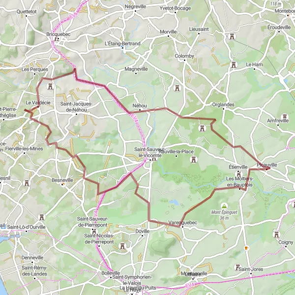 Map miniature of "Picauville - Varenguebec Gravel Adventure" cycling inspiration in Basse-Normandie, France. Generated by Tarmacs.app cycling route planner