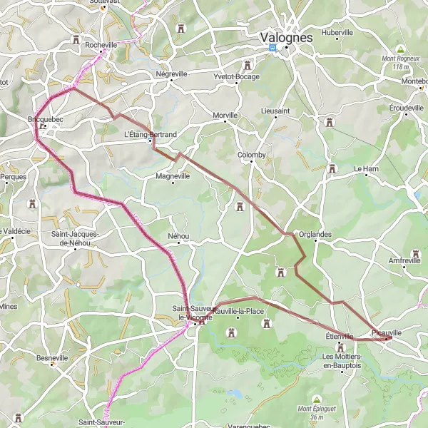 Miniature de la carte de l'inspiration cycliste "Boucle de cyclisme hors-route autour de Picauville" dans la Basse-Normandie, France. Générée par le planificateur d'itinéraire cycliste Tarmacs.app