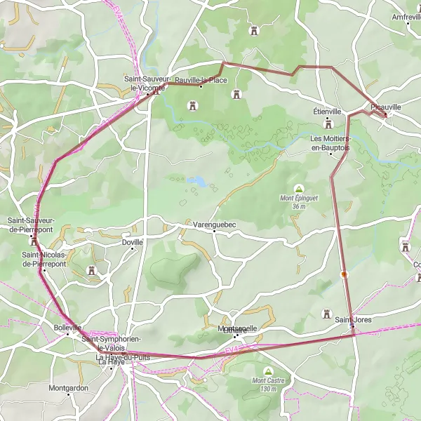 Miniature de la carte de l'inspiration cycliste "Circuit de Mont Castre en Gravel" dans la Basse-Normandie, France. Générée par le planificateur d'itinéraire cycliste Tarmacs.app