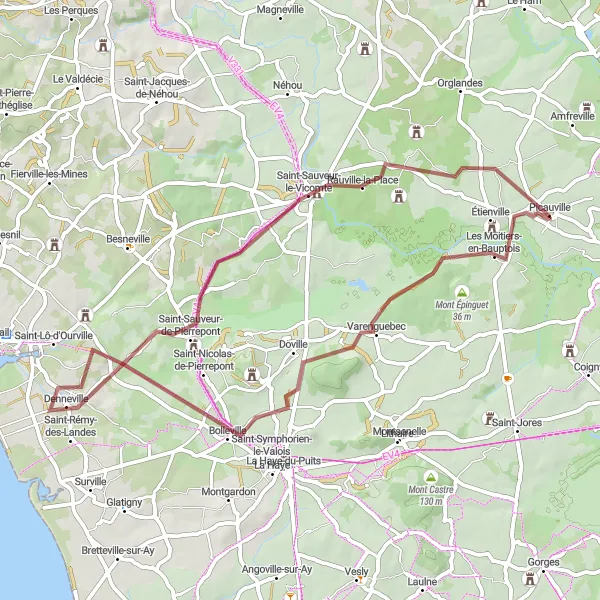 Miniature de la carte de l'inspiration cycliste "Boucle côtière de Picauville en Gravel" dans la Basse-Normandie, France. Générée par le planificateur d'itinéraire cycliste Tarmacs.app