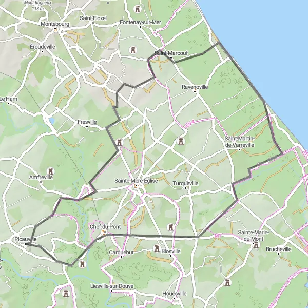 Map miniature of "Exploring Historic Sites in Basse-Normandie" cycling inspiration in Basse-Normandie, France. Generated by Tarmacs.app cycling route planner