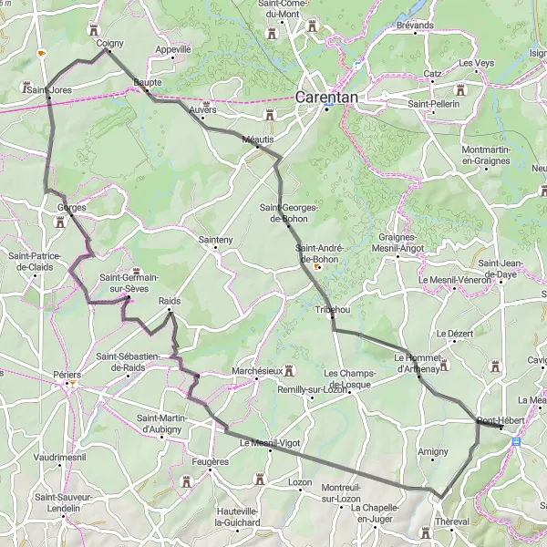 Miniature de la carte de l'inspiration cycliste "Boucle pittoresque de Pont-Hébert" dans la Basse-Normandie, France. Générée par le planificateur d'itinéraire cycliste Tarmacs.app