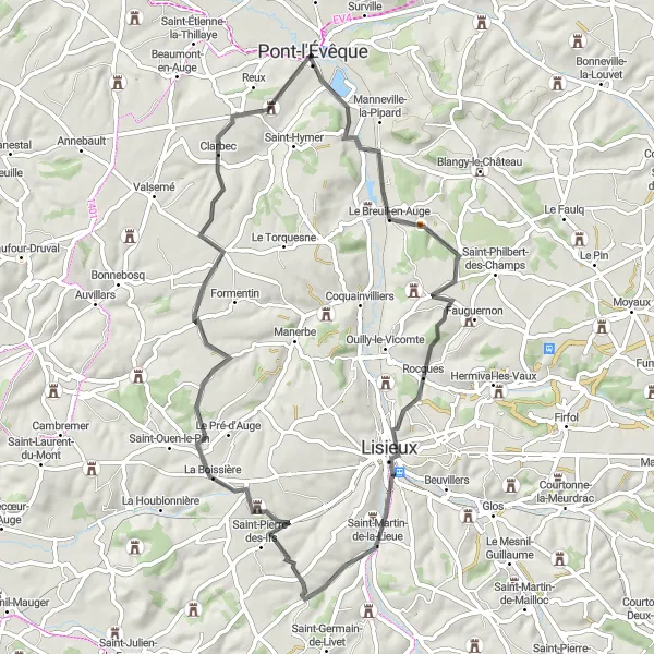 Miniature de la carte de l'inspiration cycliste "Le tour des villages normands" dans la Basse-Normandie, France. Générée par le planificateur d'itinéraire cycliste Tarmacs.app