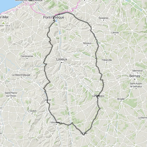 Map miniature of "Charming Villages and Beautiful Landscapes" cycling inspiration in Basse-Normandie, France. Generated by Tarmacs.app cycling route planner