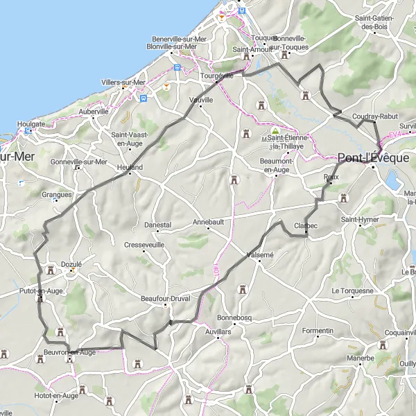 Miniature de la carte de l'inspiration cycliste "Les collines du Pays d'Auge" dans la Basse-Normandie, France. Générée par le planificateur d'itinéraire cycliste Tarmacs.app