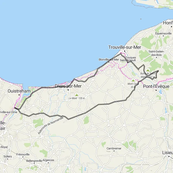 Miniature de la carte de l'inspiration cycliste "Côte Fleurie et Campagne Normande" dans la Basse-Normandie, France. Générée par le planificateur d'itinéraire cycliste Tarmacs.app