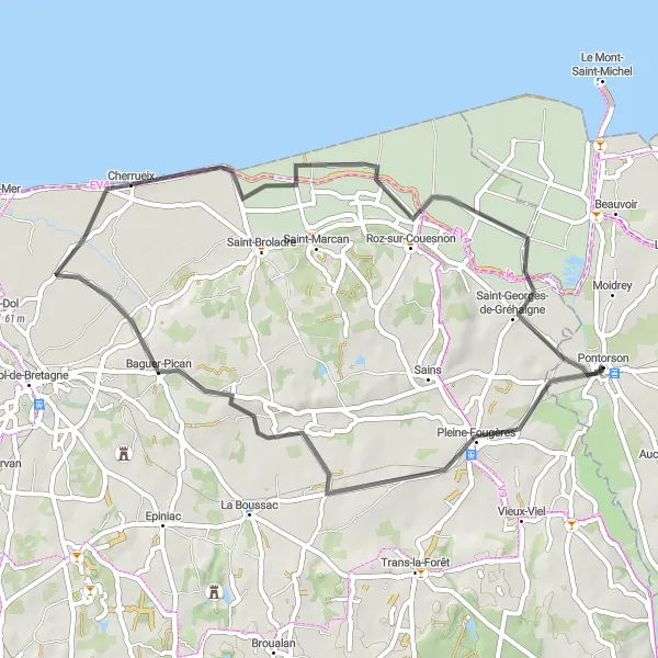 Map miniature of "Pleine-Fougères Circuit" cycling inspiration in Basse-Normandie, France. Generated by Tarmacs.app cycling route planner