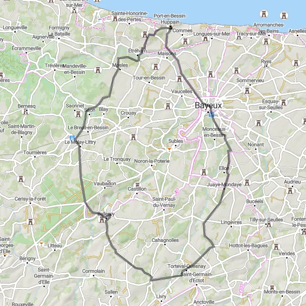 Map miniature of "The Hills of Port-en-Bessin-Huppain" cycling inspiration in Basse-Normandie, France. Generated by Tarmacs.app cycling route planner